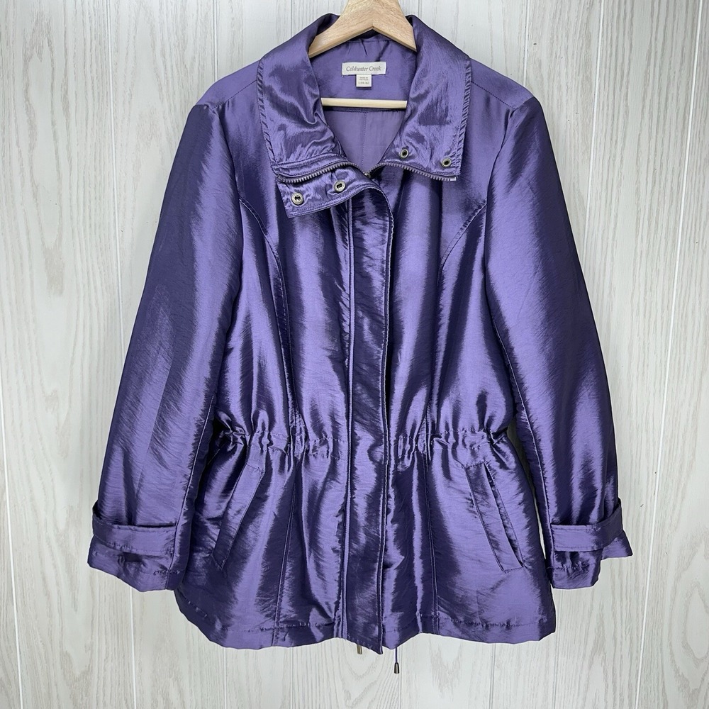 Coldwater Creek Parka Coat Women Large Purple Lame Adjustable Waist Two Way Zip